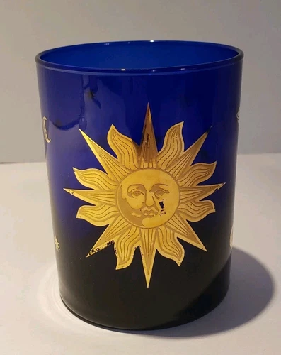 Culver Celestial Sun Stars Cobalt Blue 22K Gold Cocktail Lowball Glass