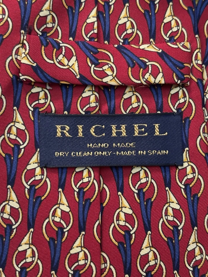 Richel 100% Silk Tie Spain Red w/ Blue & Gold Equestrian Print 3.5"W x 57"L GUC - Image 2 of 4
