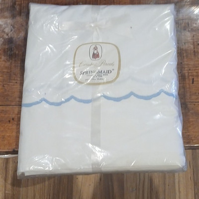 Springmaid Double Flat Sheet 100% Fine Cotton 81x108 White Blue Solid Bedroom