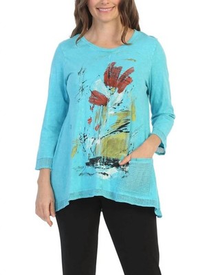 Jess & Jane Celine Mineral Washed Mesh Contrast Cotton Top Aqua Blue