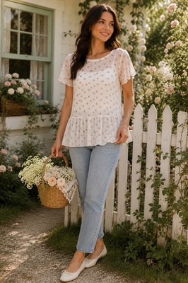 LOFT Petite White Floral Peplum Blouse Short Sleeve Romantic Cottagecore MP