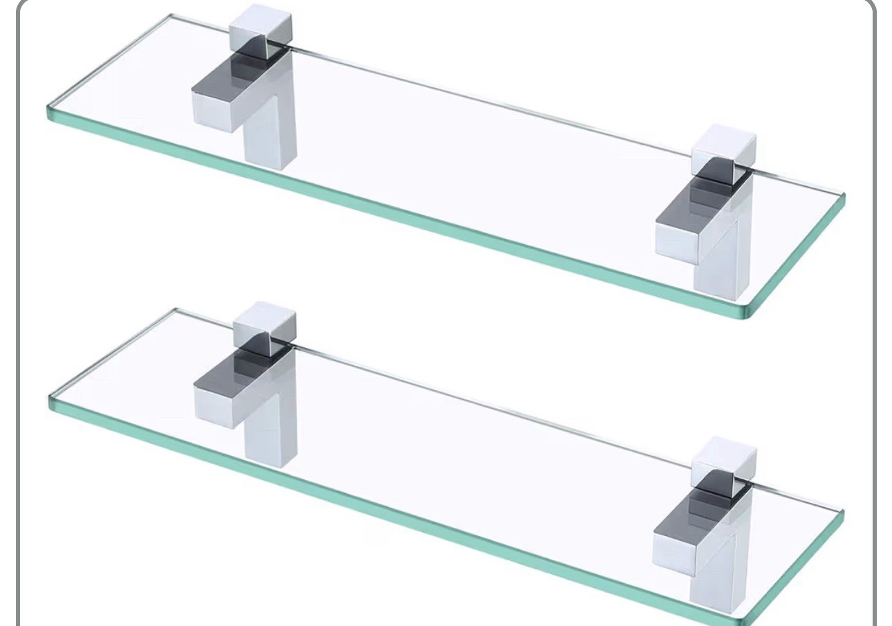 KES- Tempered Glass Bathroom Shelves 16in. 2 Rectangular Wall Mount Polis.Chrome