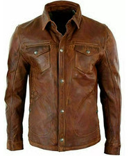 Men's Genuine Lambskin Leather Shirt Jacket Basic Vintage Slim fit Shirt Biker