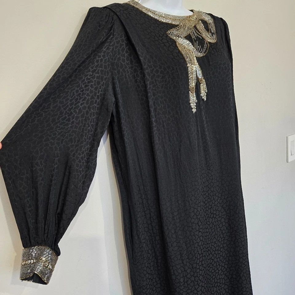 Francesca of Damon Beaded Silk Dress Women 10 Vtg 80s Glam Goth Cocktail Elegant - Image 3 of 4