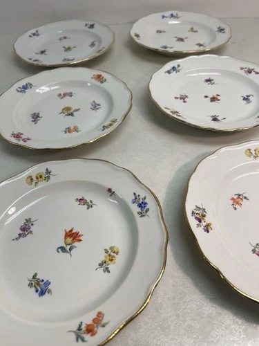 Meissen Scattered Flowers 6-1/2” Bread Plate Set Of 6 Gold Edge X Mark