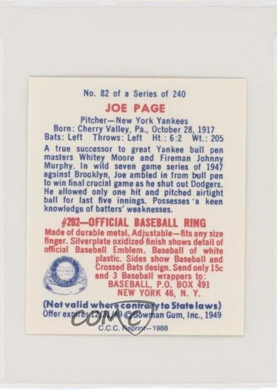 1988 CCC 1949 Bowman Reprints Joe Page #82 - Image 2 of 2