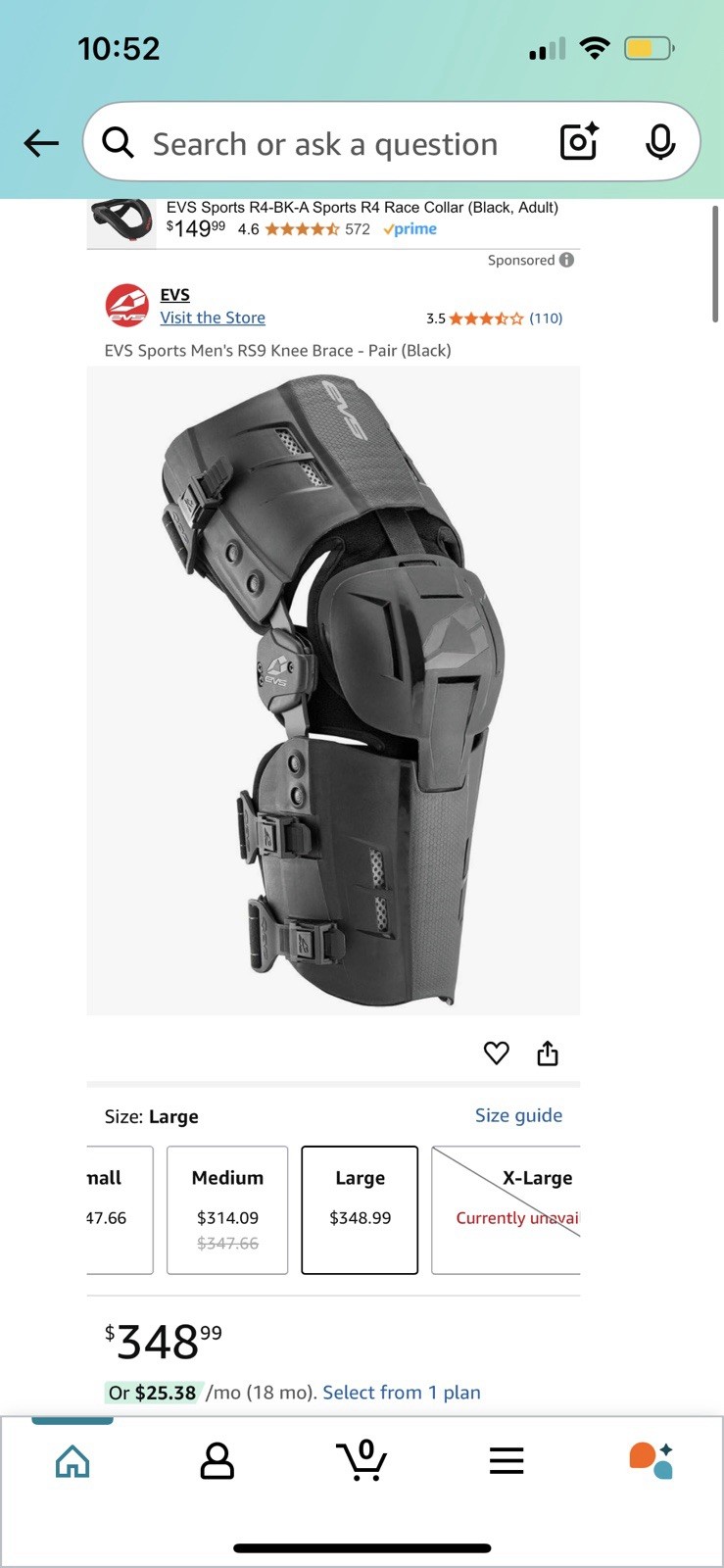 EVS Sports Men’s RS9 Knee Brace Black Size Large Brand New