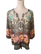Anthropologie Fig Flower Boho Floral Sheer Lace 3/4 Sleeve Light Blouse Size M