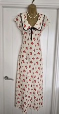 Vintage 1930s 1940s Style Cream Red Rose Summer Holiday Midi Dress Size 14