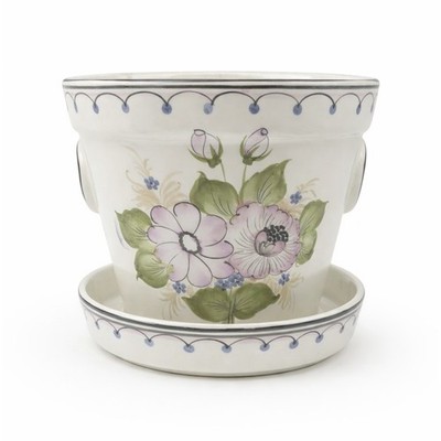 Großer portugiesischer Keramik Pflanztopf & Untertasse handbemalt floral Made in Portugal