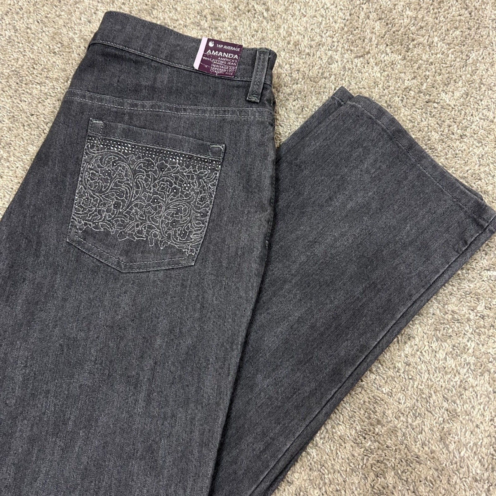 16p Grey Embroidered Tapered Leg High Rise New
