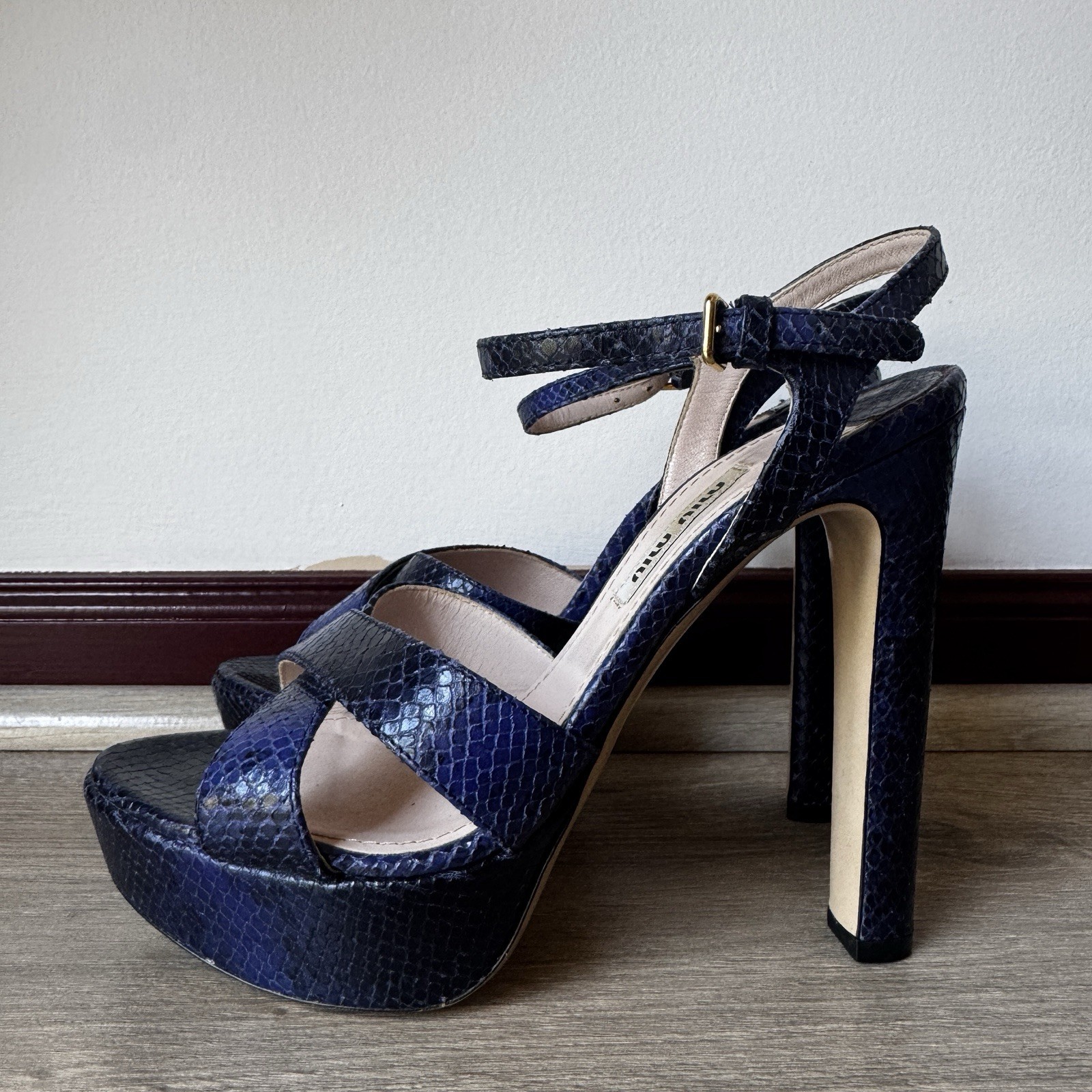 Vintage Miu Miu Blue Python Embossed Platform Pee… - image 1