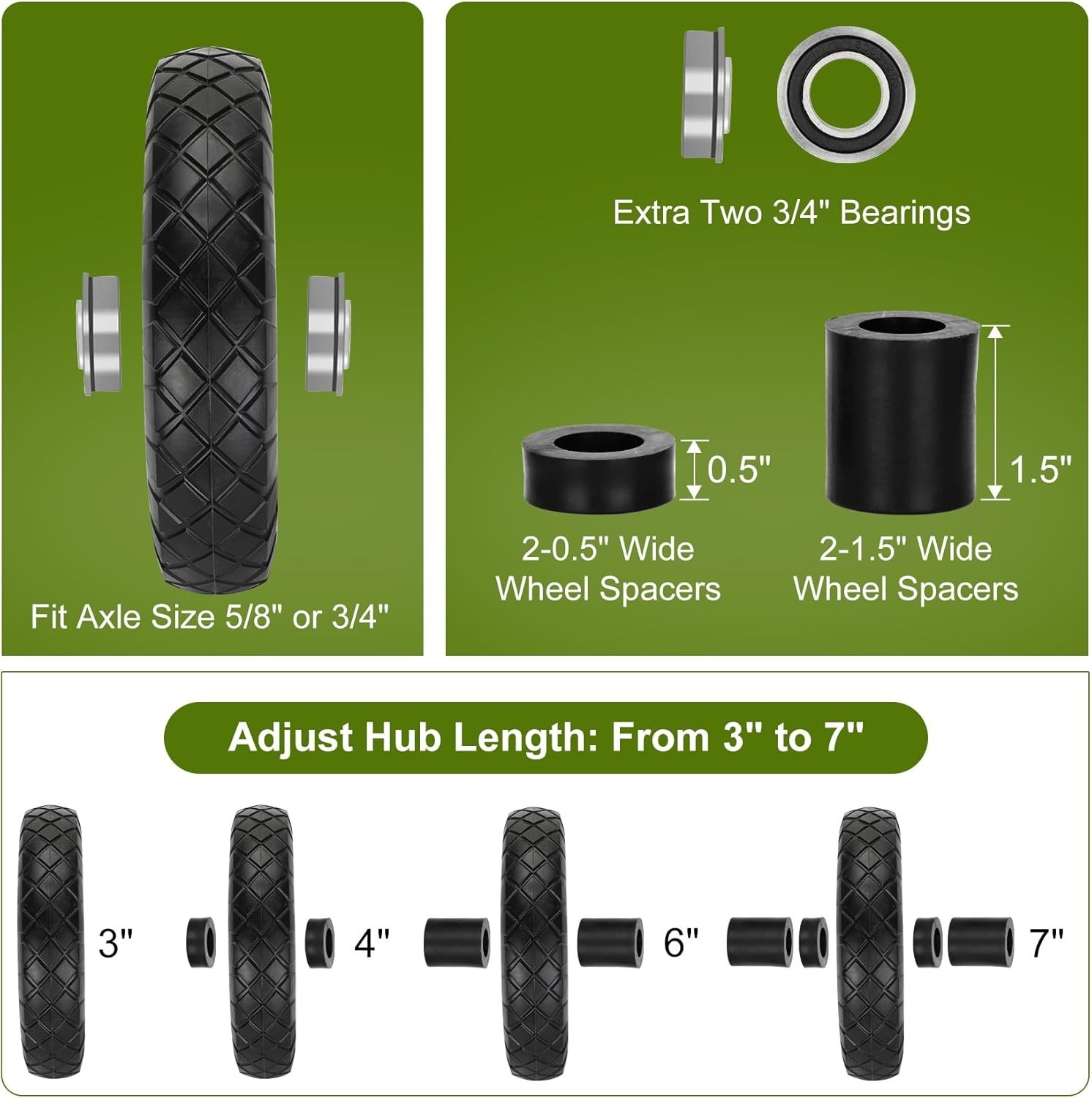 Upgraded 16" Flat Free Wheelbarrow Wheels and Tires, 4.80/4.00-8 Solid Wheelb...