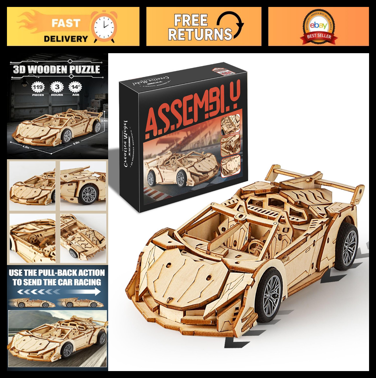 For Adults, Diy Mechanical Sport Car Model, 119pcs