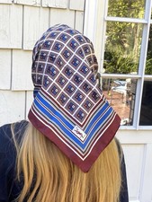 Vintage YSL Yves Saint Laurent 100 Silk Scarf Italy 26 Brown Geometric Blue