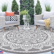 Bsmathom 8ft Round Waterproof Reversible Boho Outdoor Rug - Grey Plastic Mat