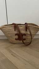 CELINE Triomphe Shoulder Basket Bag Medium Tan Leather/Raffia