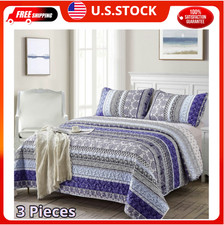 Boho Quilt Set King Size, Blue Bohemian 3 Pieces Quilt Sets, Lightweight Summer