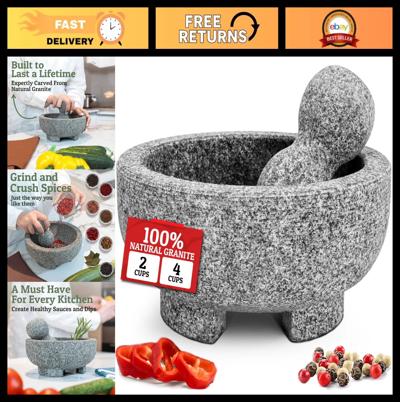 Natural Stone Mortar and Pestle Set - 6.1" Granite Bowl for Spices, Guacamole, S