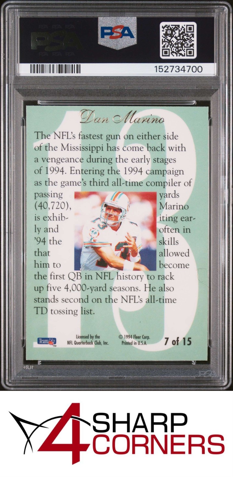 1994 ULTRA FLAIR HOT NUMBERS #7 DAN MARINO DOLPHINS HOF PSA 9 view 2