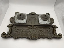 Vintage Double Inkwell Set Desktop Brass 20th Century Baroque