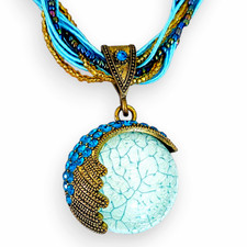 Vintage Turquoise & Teal Wave 3D Crackle Glass Pendant Necklace - Bronze Tone