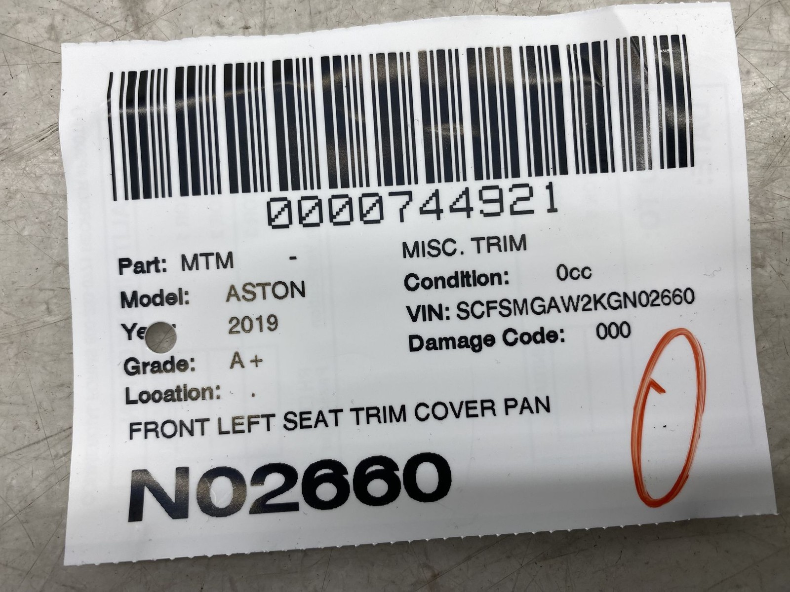 2019-2023 ASTON MARTIN VANTAGE FRONT LEFT SEAT TRIM COVER PANEL BLACK ALCANTERA