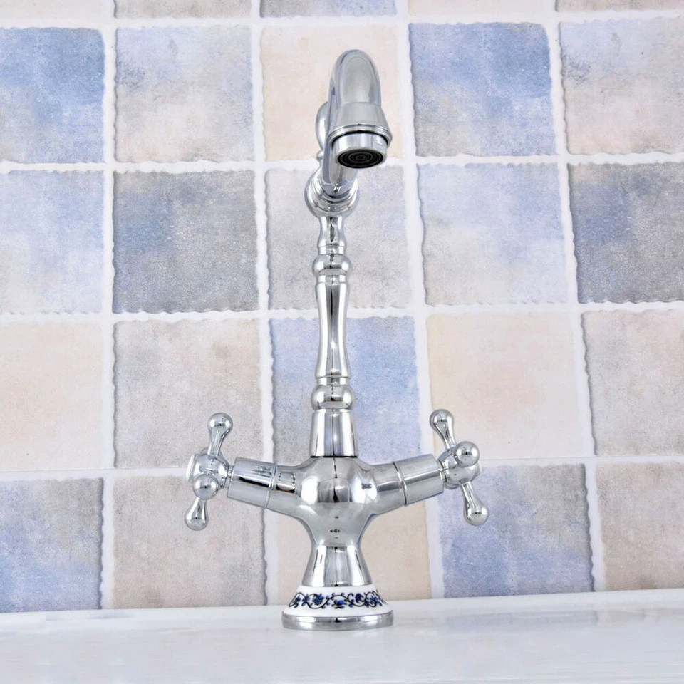 Polished Gold Bathroom Basin Cross Handle Kitchen Sink Faucet Swivel Mixer Tap - Image 4 of 4