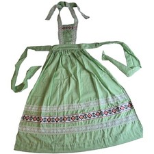 Vintage Handmade Long Gingham Green Checkered Apron W/Bib White Lace Ribbon