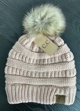 Beanie C.C. Brand Indi Pink Soft Stretch Cable Knit Faux Fur Pom Pom CC Hat -New