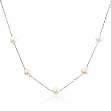 925 Solid Sterling Silver Pink White Freshwater Pearl Station Necklace 18"