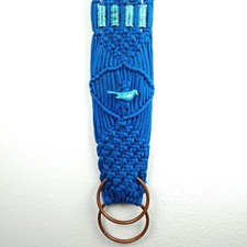 Vintage 70s Macrame Wall Hanging Blue Ceramic Bird Towel Holder LONG 50  Boho