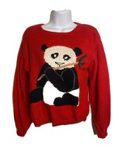 Vintage Womans Sweater Wool Red Black Size MED PANDA BEAR UK BOHO Rare