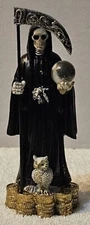 GRIM REAPER SANTA MUERTE OWL MONEY COIN BALL SCYTHE FANTASY FIGURINE STATUE #4