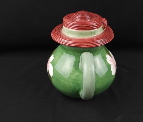 Teapot Handpainted Flowers Pink Bonnet Hat Lid WLC Green Ceramic #F3 - Picture 4 of 7