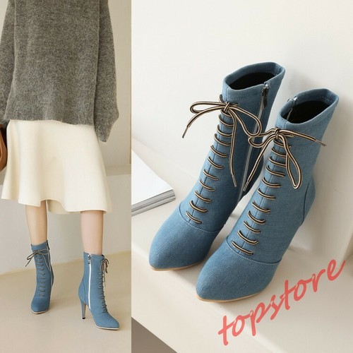 Botas para mujer Denim Zapatos De Cremallera Lateral Zapatos De Taco Alto  Punta Redonda Botas Prendas para el torso Talla | eBay