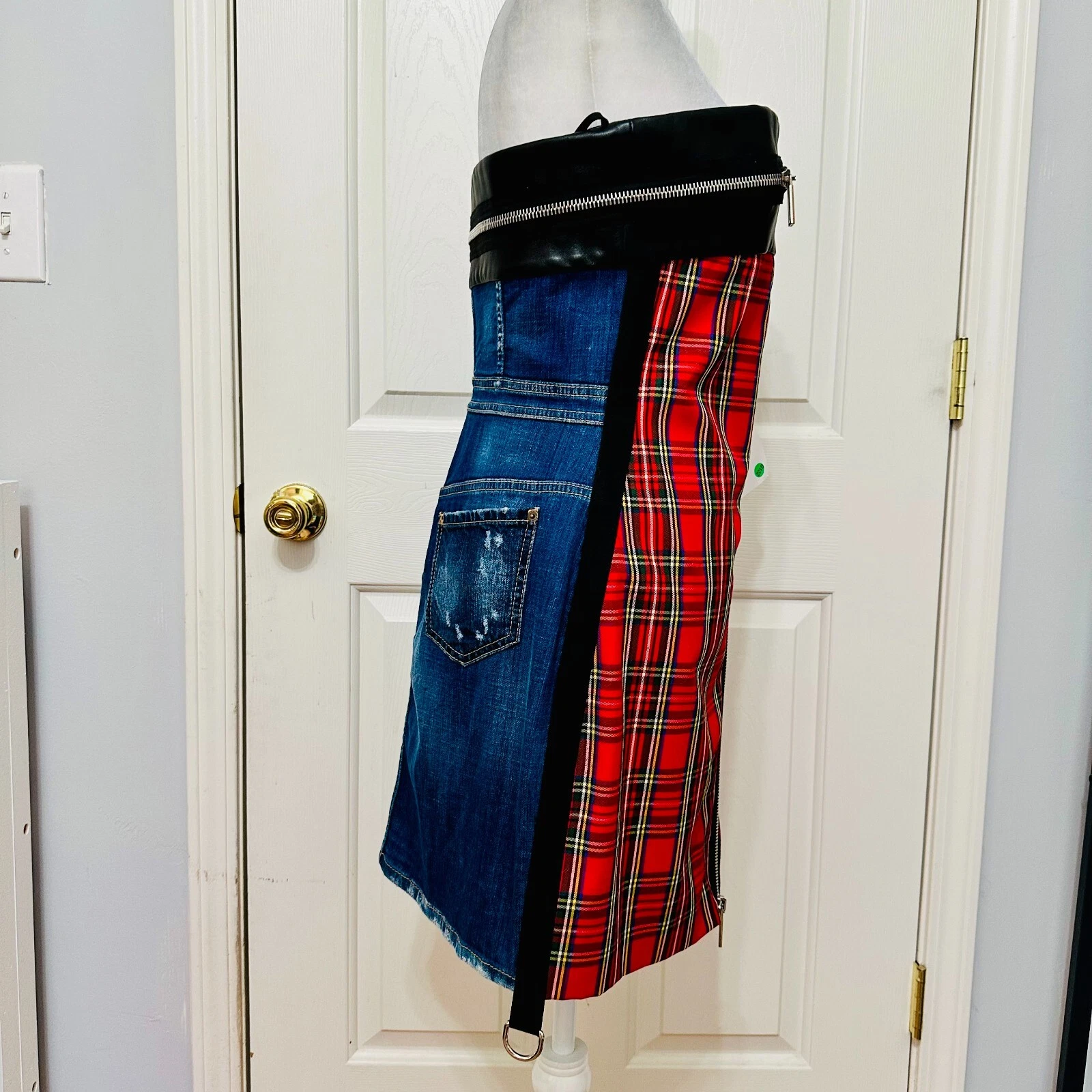 DSQUARED2 ABITO BODYCON ROSSO E NERO A QUADRI PELLE DENIM FULL ZIP 44 8 ITALIA