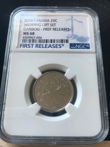 2016  Caribou NGC; First Release, Graded Canadian, Twenty-Five Cent**MS-68* #004