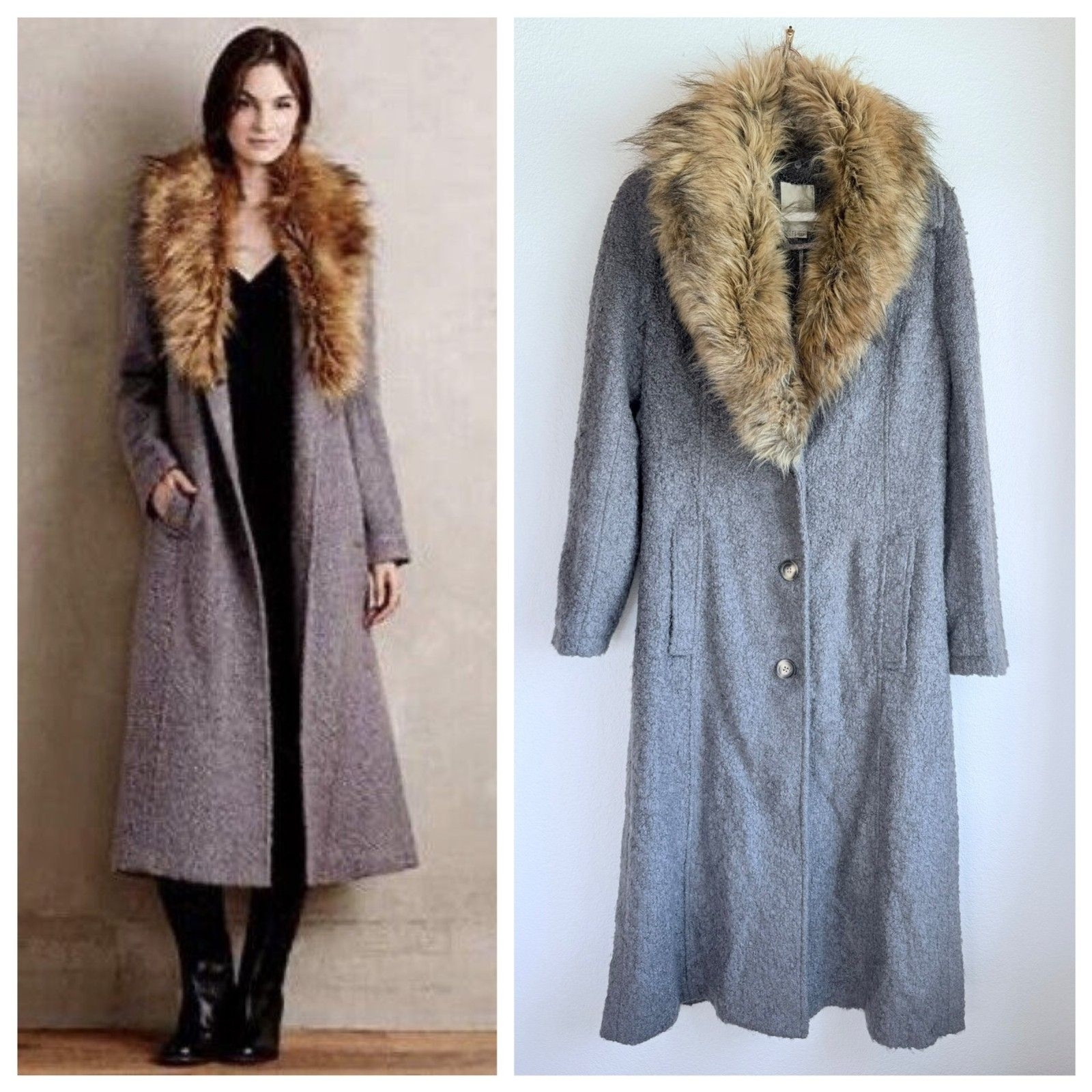 Anthropologie Elevenses Faux Fur Collared Boucle Sweater Duster Jacket in Gray