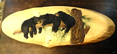 Wood Carving Three Bear Cubs Sleeping On Limb Nice cond. 32'' x 11-3/4''