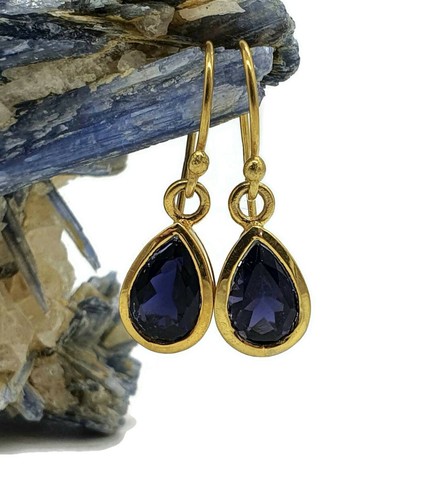 Iolite Earrings, Sterling Silver, 18k gold plated, Water Sapphire, Blue Violet - Picture 3 of 5