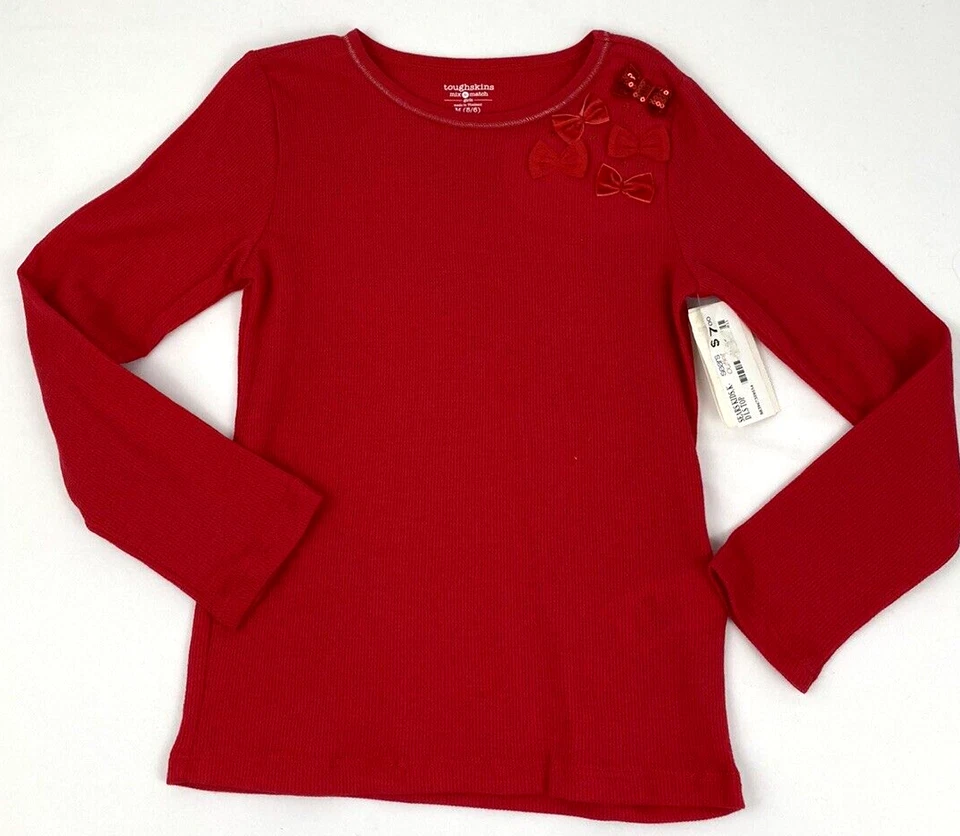 Toughskins Youth Girls Lg. Top manga tejido gofre con lazos y lentejuelas rojo talla M 5/6 Foto 2 de 4