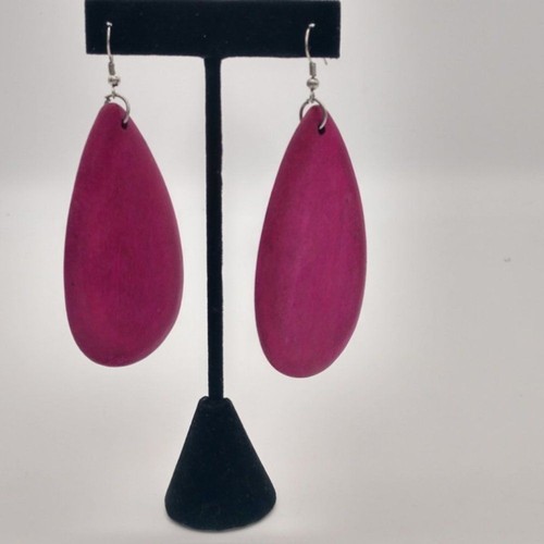 Plum Pink Pear Shaped Wooden Earrings 1415 - Picture 3 of 5
