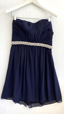 Calvin Klein Navy Blue Strapless Chiffon Dress Pleat Bodice Pearl Beaded Size 10