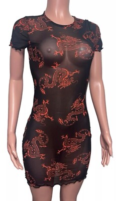 Black Mesh Red Dragon S/S Semi- Sheer Swim Cover Up Mini Dress Party Vacay Date