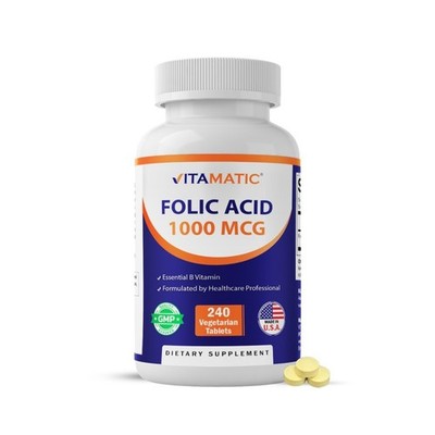 Vitamatic Folic Acid 1000 mcg (1 mg) - 240 Vegetarian Tablets - 1667 mcg DFE 