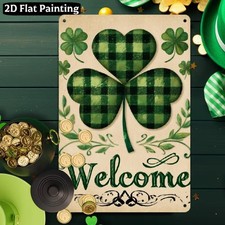 2D St. Patrick'S Day Green Plaid Shamrock Welcome Metal Sign Wall Hanging Decor