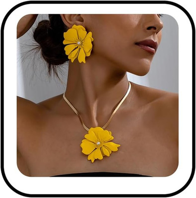 Vintage Flower Necklace Earring Set Gold Snake Chain Necklace Bohemian Red Flowe