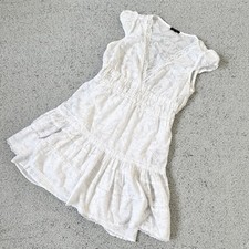 Vintage Y2K Sele Boho Lace Trim Mini Dress White Gray Leaf Print Size M