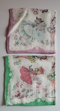 Girls Vintage 1950s Fabric Handkerchiefs, Set of 2, Very Clean
